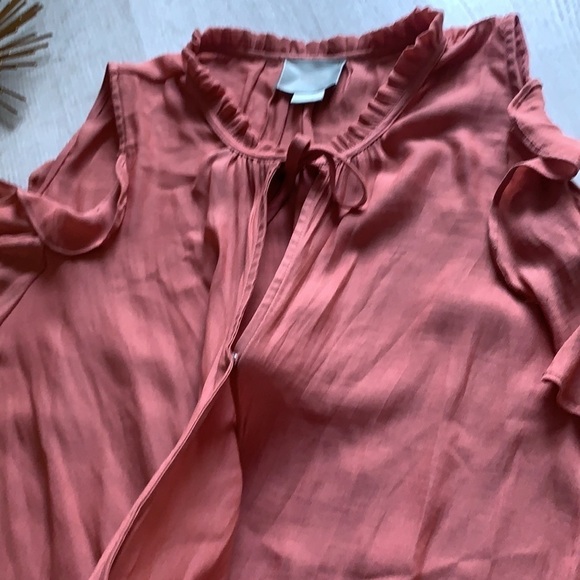 Anthropologie Liesel Maeve Cold Shoulder Ruffle Top blouse faux wrap L‎ orange - Picture 12 of 13